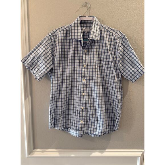 Peter Millar Crown Blue White Plaid Short Sleeve Button Up Sz L Shirt - Picture 1 of 6